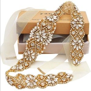 Rhinestone Wedding Belt Clear Crystal and Gold with White Organza Ribbon